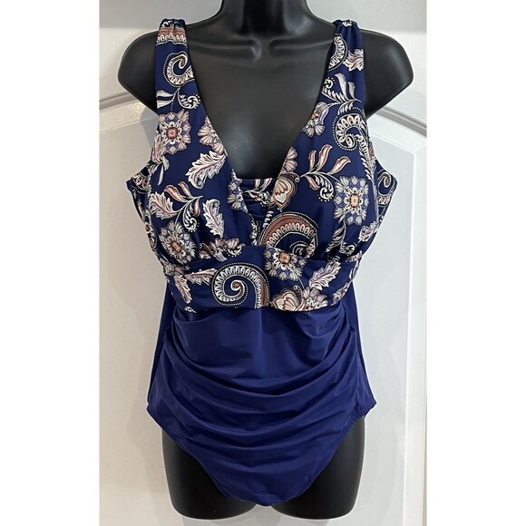 Lands End Paisley Tugless Low Leg Molded Soft Cup One Piece Swimsuit 16 Beach - Picture 2 of 14